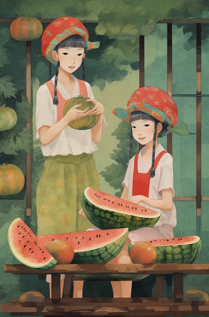 两个女孩坐在门前分西瓜创意插画背景,插画/手绘图,插画/手绘图库,插画/手绘图下载,插画/手绘